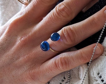 Bague toi et moi réglable bleue dorée à l'or fin, anneau doré avec des gouttes en verre de Murano de taille réglable