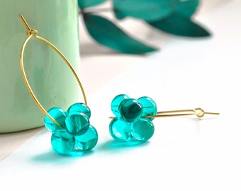 Murano green glass earrings, big and lightfull golden stainless steel hoops