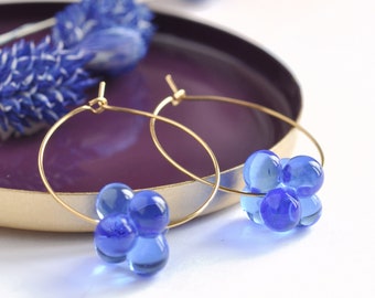 Murano blue glass earrings, big and lightfull golden stainless steel hoops