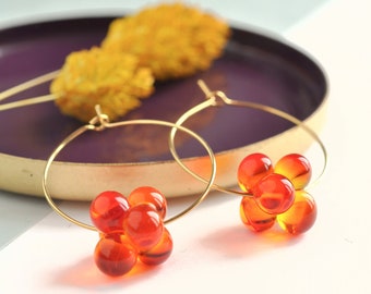 Murano orange glass earrings, big and lightfull golden stainless steel hoops