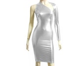 Silver Dress Metallic Bodycon One Shoulder Pencil Dress Long Sleeve Backless Dress Shiny Hobble Dress Sexy Rave Outfit Fitted Party Dress