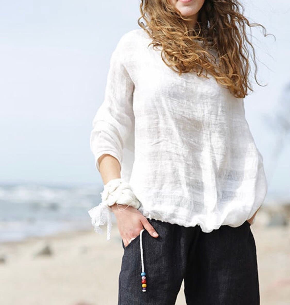 Three quarter sleeve linen kimono top loose white linen Etsy