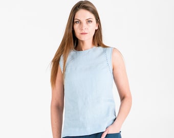 Last women's sleeveless linen top in S size - for summer, hand stitched sky blue linen blouse - linen T-shirt for ladies by Bengi design