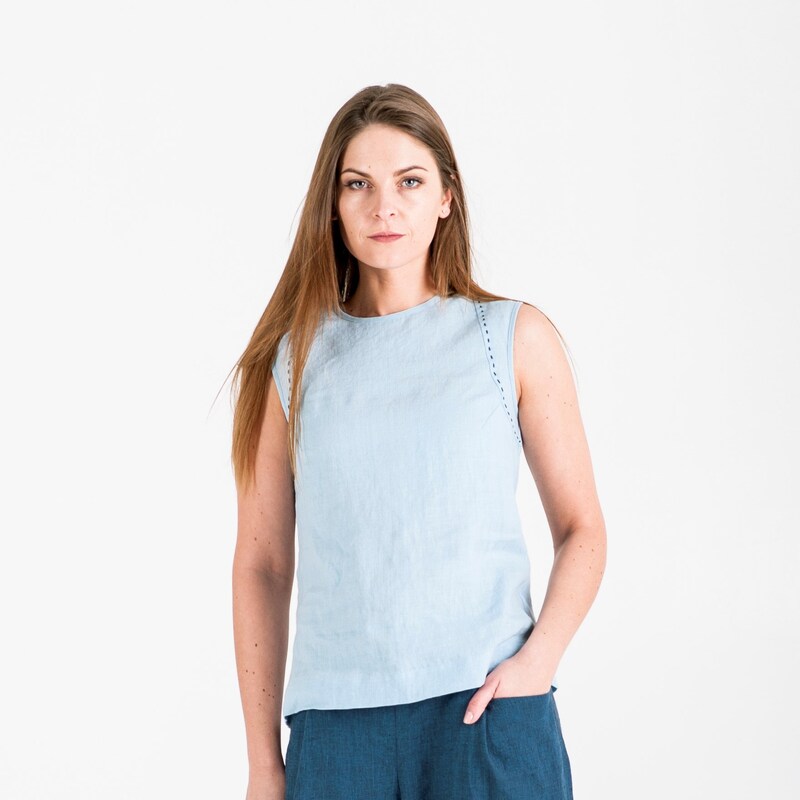 Collar Sky Stand Oversized Linen Blue Summer Tops main image 0