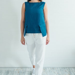 Emerald blue linen sleeveless blouse with pockets linen top for summer handmade to order by Bengi design Last one linen sale S size image 5