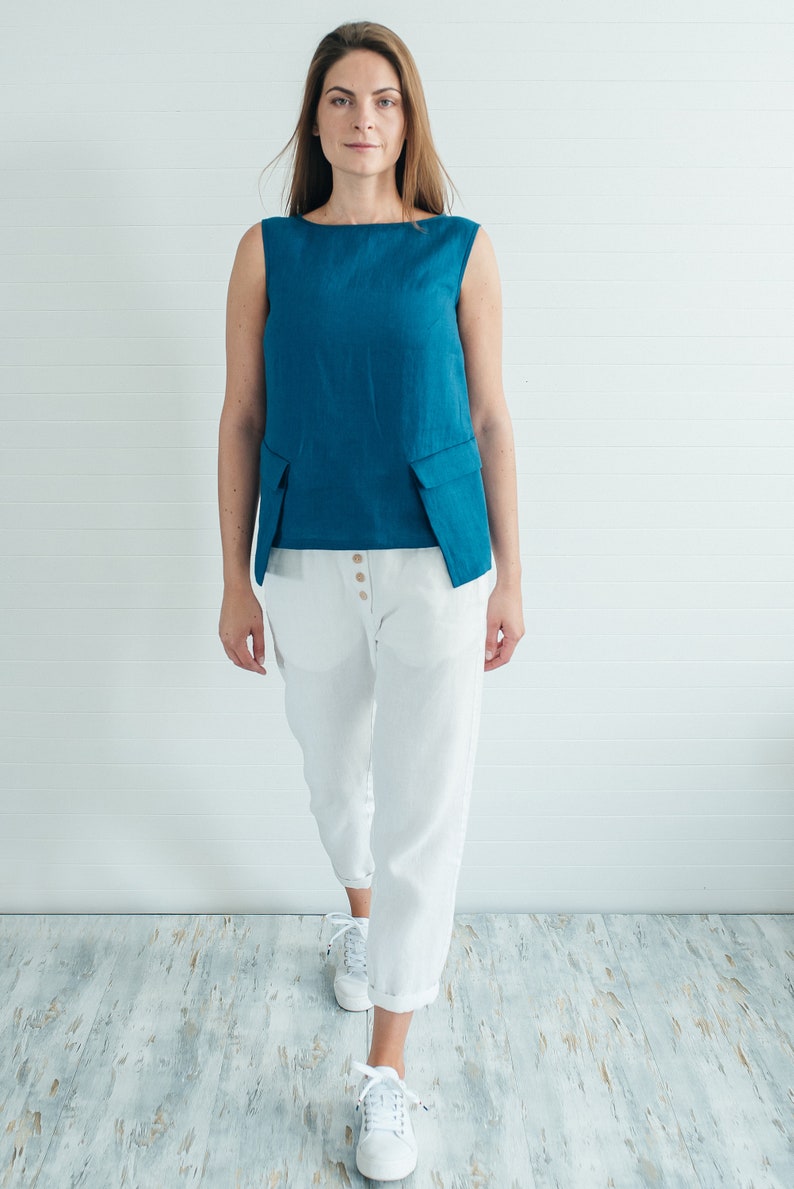 Emerald blue linen sleeveless blouse with pockets linen top for summer handmade to order by Bengi design Last one linen sale S size image 5