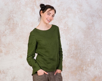 Casual linen long sleeve shirt in forest green color, only one available, middleweight linen top for women by Bengi design