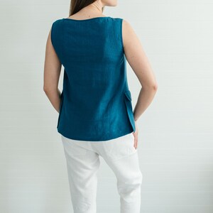 Emerald blue linen sleeveless blouse with pockets linen top for summer handmade to order by Bengi design Last one linen sale S size image 4