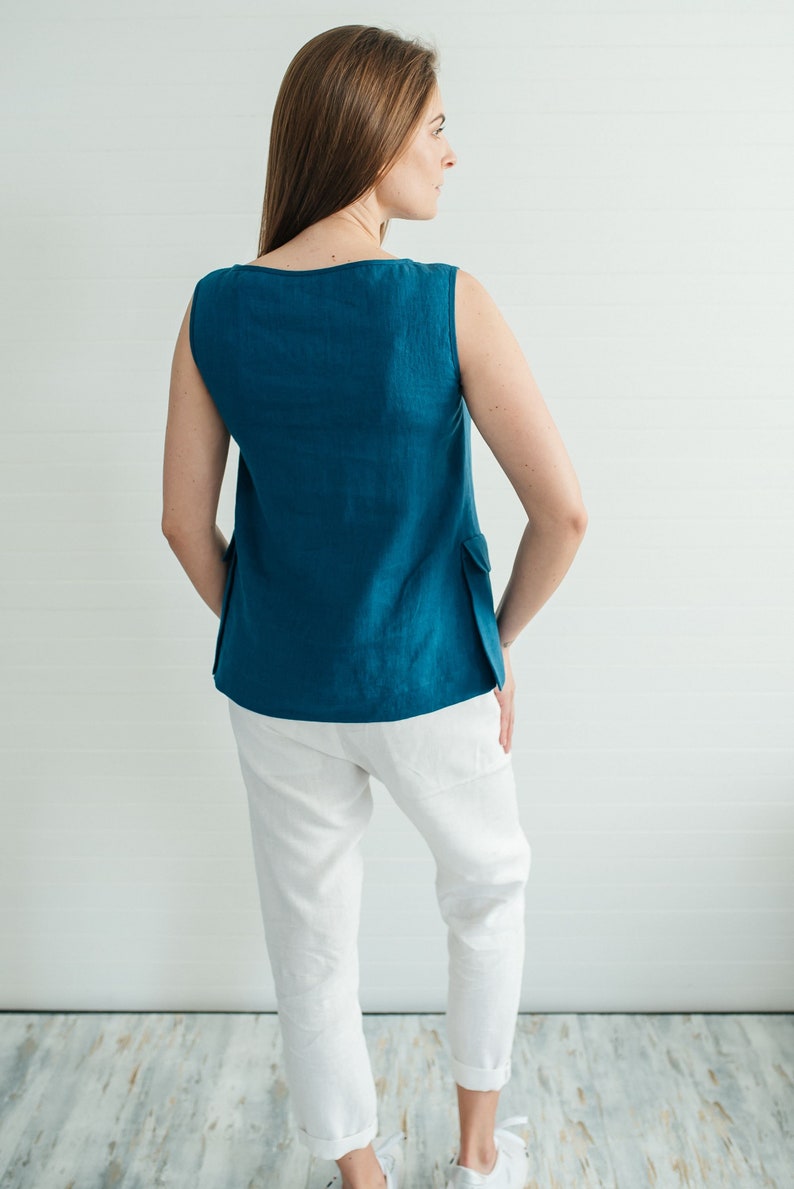 Emerald blue linen sleeveless blouse with pockets linen top for summer handmade to order by Bengi design Last one linen sale S size image 4