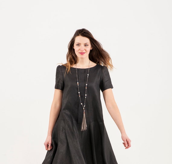 Little black linen dress Over sized linen dress with belt | Etsy