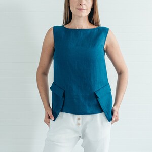 Emerald blue linen sleeveless blouse with pockets linen top for summer handmade to order by Bengi design Last one linen sale S size image 3