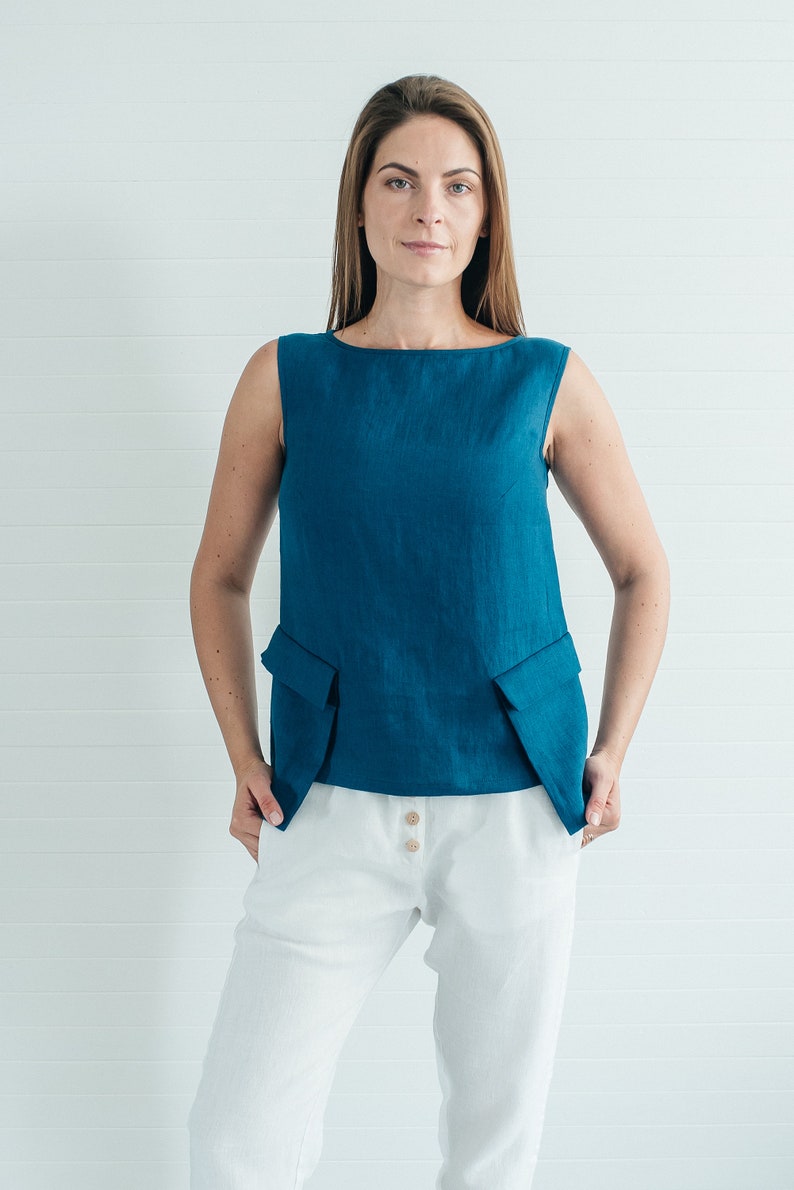 Emerald blue linen sleeveless blouse with pockets linen top for summer handmade to order by Bengi design Last one linen sale S size image 3