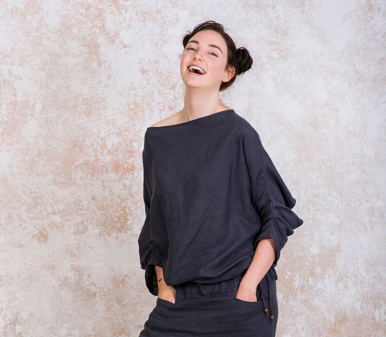 Three Quarter Sleeve Linen Kimono Top Loose White Linen Etsy