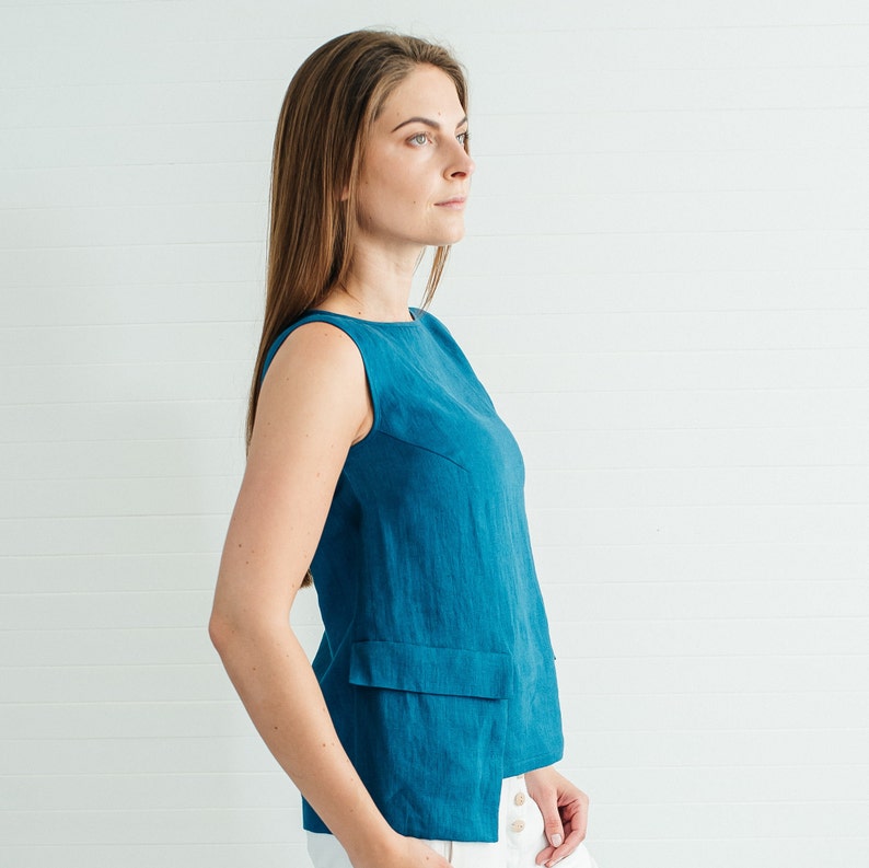 Emerald blue linen sleeveless blouse with pockets linen top for summer handmade to order by Bengi design Last one linen sale S size image 2