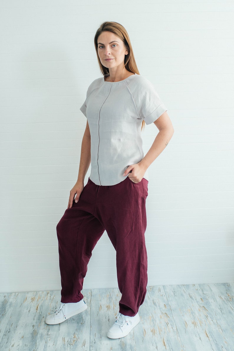 Last mahogany linen women trousers in S size linen drop crotch trousers baggy linen pants drawstring linen pants Bengi design SALE image 6