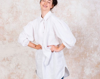 The last White linen dress-shirt, oversized linen button down shirt, linen long sleeve shirt, beach white linen shirt – color in the picture