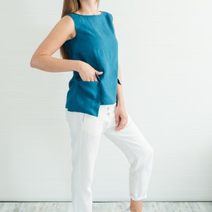 Emerald blue linen sleeveless blouse with pockets linen top for summer handmade to order by Bengi design Last one linen sale S size image 7