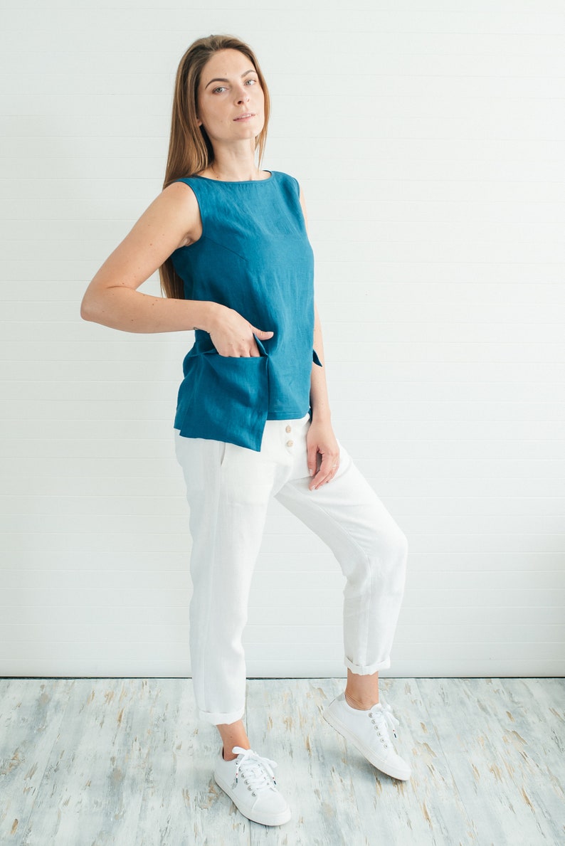 Emerald blue linen sleeveless blouse with pockets linen top for summer handmade to order by Bengi design Last one linen sale S size image 7