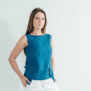 Emerald blue linen sleeveless blouse with pockets - linen top for summer - handmade to order by Bengi design – Last one linen sale - S size