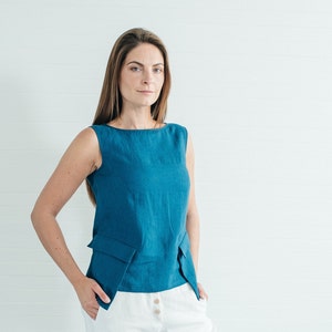 Emerald blue linen sleeveless blouse with pockets linen top for summer handmade to order by Bengi design Last one linen sale S size image 1