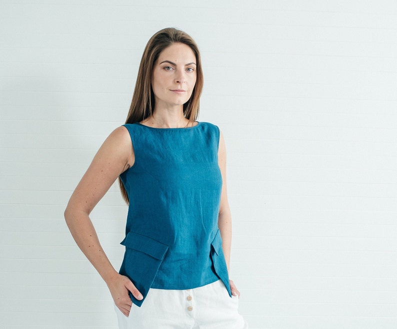 Emerald blue linen sleeveless blouse with pockets linen top for summer handmade to order by Bengi design Last one linen sale S size image 1