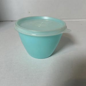May include: A small, turquoise-colored plastic bowl with a matching lid. The bowl has a rounded bottom and a slightly flared top. The lid is translucent and fits snugly on top. The bowl is likely for food storage or serving.