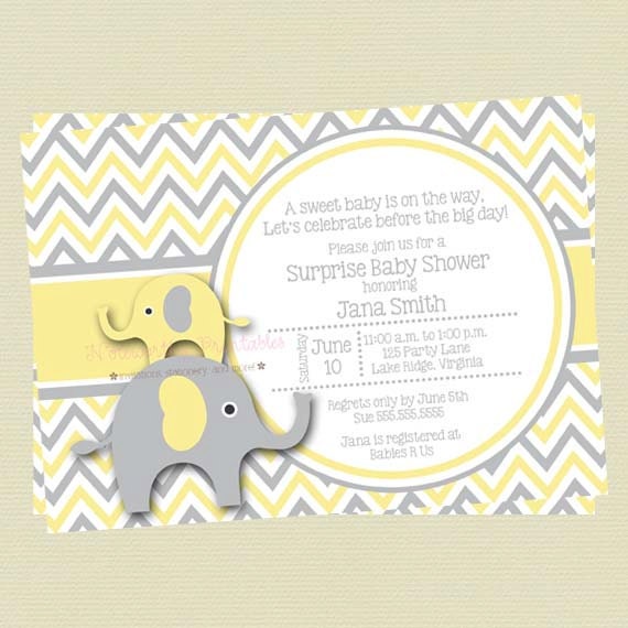 yellow and grey elephant baby shower invitations