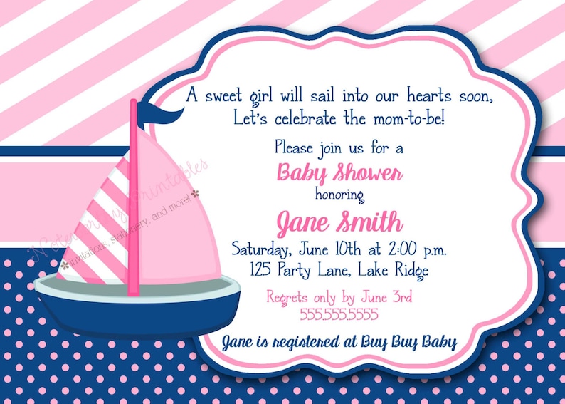 Sailboat Baby Shower Invitations Nautical Baby Girl Shower Etsy
