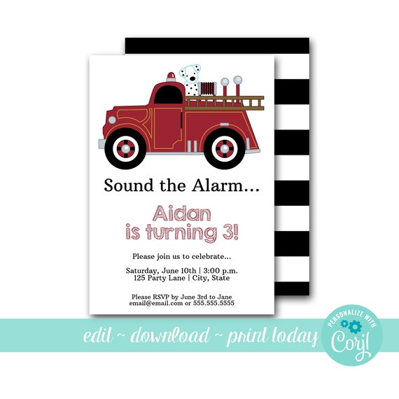 EDITABLE Vintage Fire Truck Birthday Invitation, Fire Truck Birthday Party Invite, Boy Birthday Invitation Instant Access Il_570xn