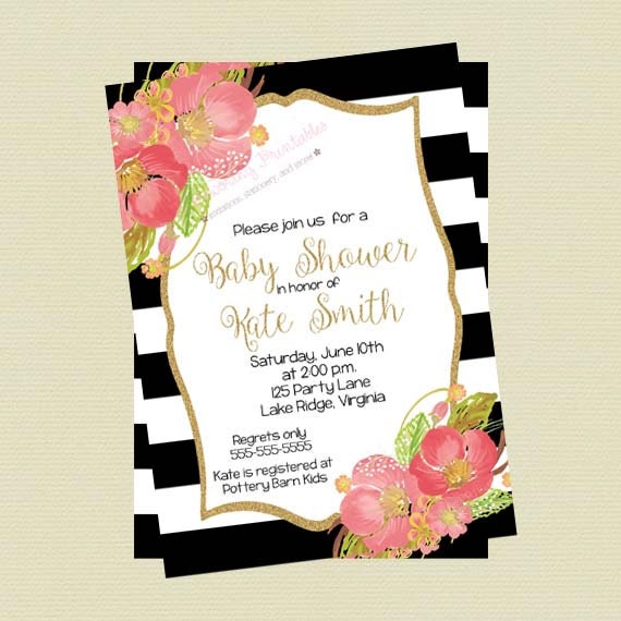 Baby Shower Invitation Floral Black And White Stripes Etsy