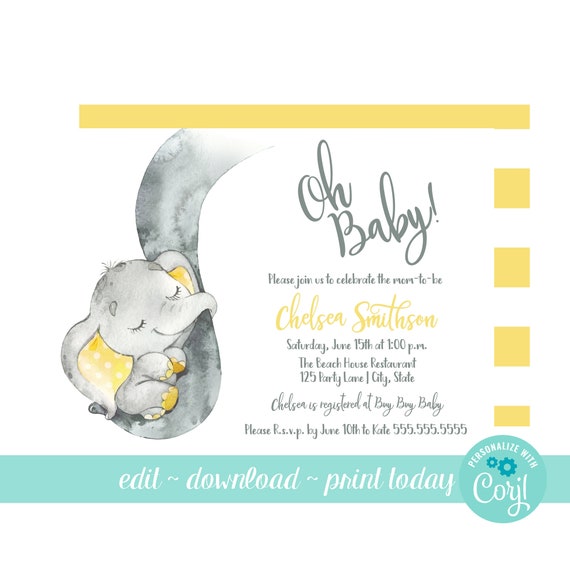 yellow and grey elephant baby shower invitations