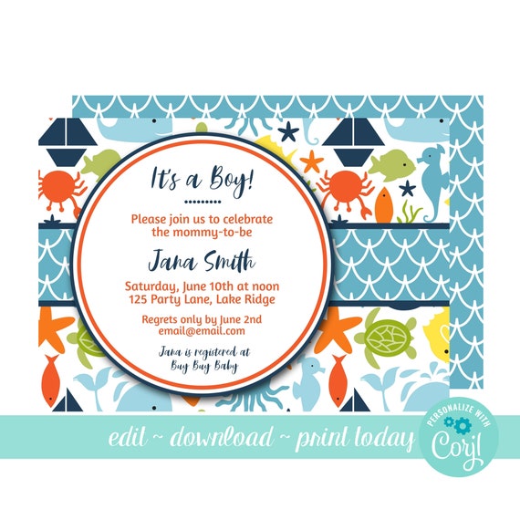 Editable Boy Baby Shower Invitation Under The Sea Baby Etsy