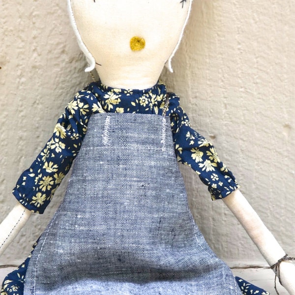 NEW jess brown handmade rag doll with liberty floral dress and linen apron