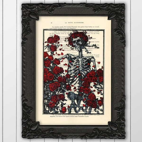 skeleton with roses print, skull red roses art, death and love eternal print, day of the dead poster