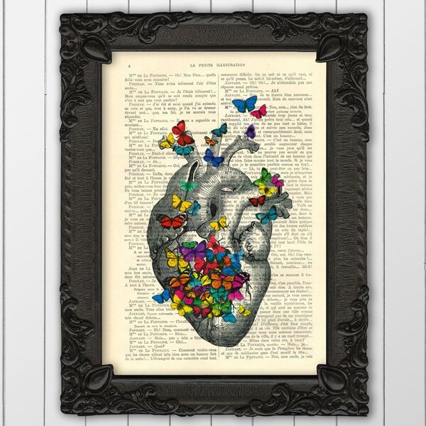 heart with colorful butterflies dictionary art print ephemera heart butterfly poster gift idea