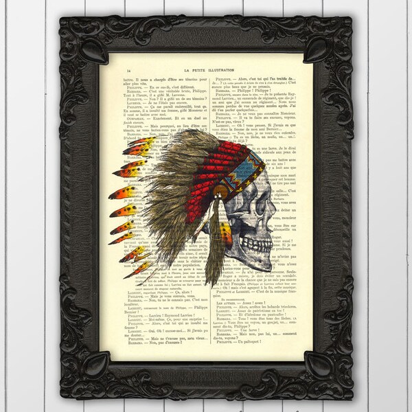 Indian headdress print | indian skull feathers | skull native american art | indian feathers wall decor