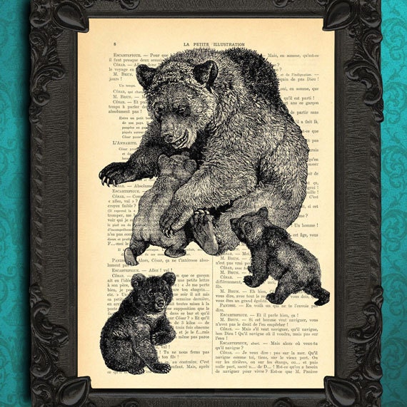 Mother Bear And Baby Bears Art Print Upcycled Book Page Mother Bear And Baby Bears Art Print Upcycled Book Page