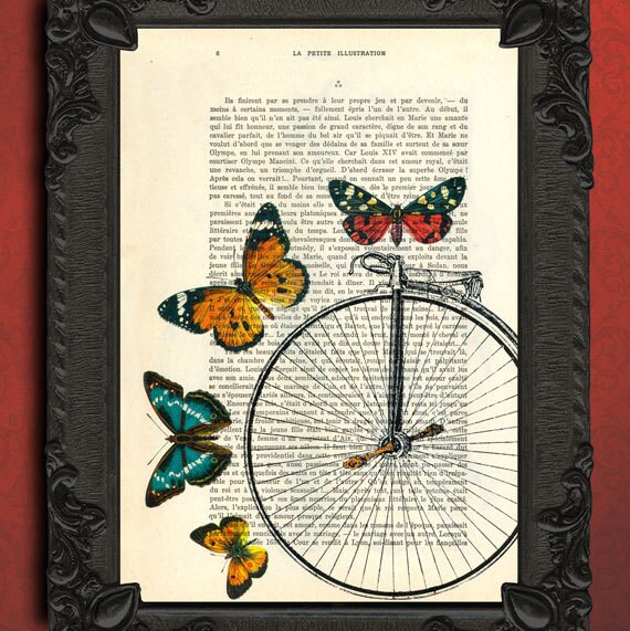 Bicycle art butterflies bicycle bike art print upcycled