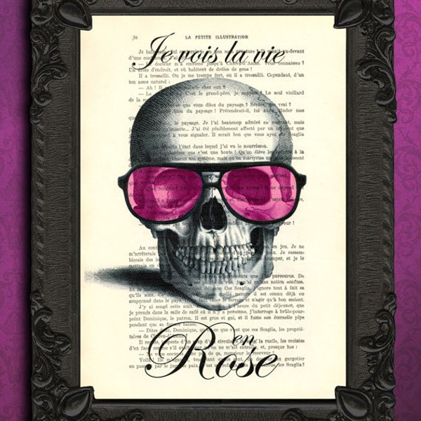 skull poster, Je vois la vie en rose, skull gifts, positive quotes, skull with pink purple glasses print, dictionary page, skull home decor