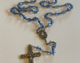 Vintage Blue Clear Glass ROSARY Silver Toned Cross Crucifix Pendant Stunning Details