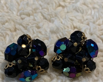 Vintage Western Germany Black AB Signed Glass Cluster Clip On Earrings