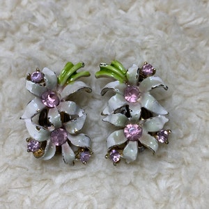 Vintage Enamel Rhinestone White Green Pink Flower Clip On Earrings image 1