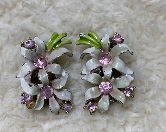 Vintage Enamel Rhinestone White Green Pink Flower Clip On Earrings