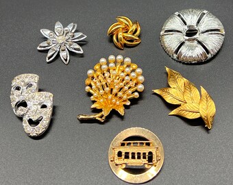 Vintage Brooch Lot Comedy Tragedy Flowers Train Car Swirls Mixed Variety