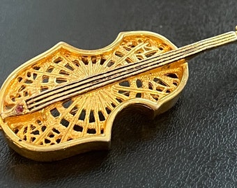 Vintage Goldtone CELLO Filigree Brooch Pin Red Stones