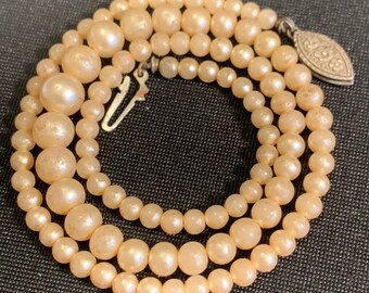 Vintage Faux Pearls Graduated Dainty Necklace Sterling Filigree Clasp