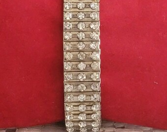 Vintage Expandable Silver Tone Rhinestones Wide Stretch Bracelet Quality Piece