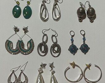 Silvertone Earrings Lot Variety Pierced Ears Dangles Hoops Rhinestones Faux Pearls More