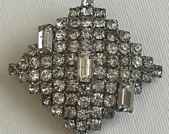 ANTIQUE Art Deco Rhinestones Brooch Large Baguettes Round Brilliant Glass Faceted Design Silvertone