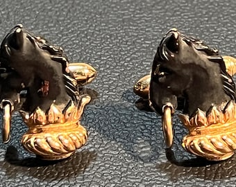 Swank Black Horse Head Cufflinks Chess Knights Goldtone Signed